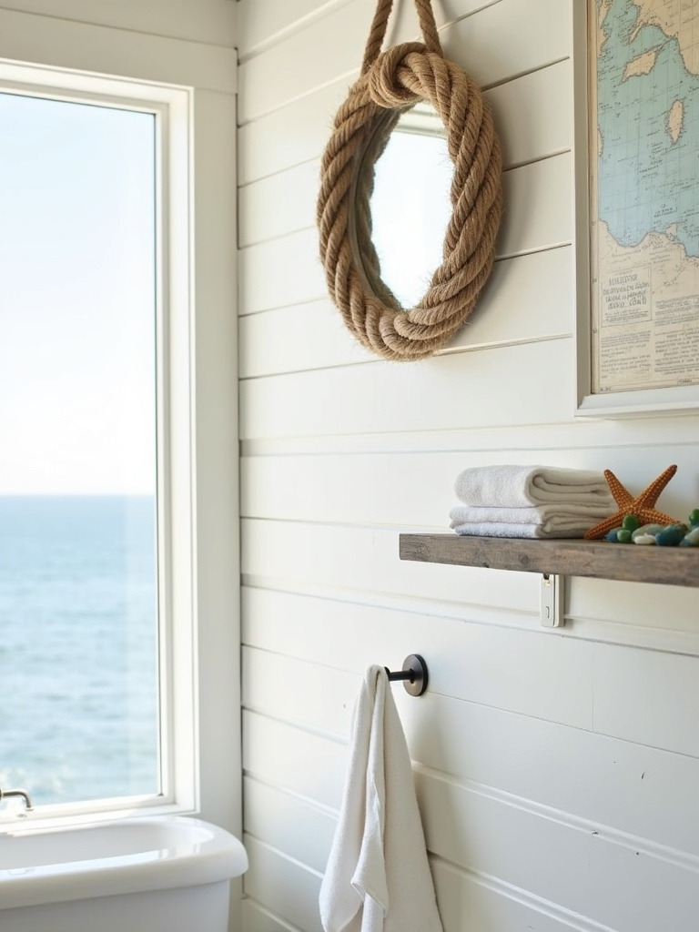 Coastal bathroom design featuring rope mirror, nautical chart, and sea glass decor.