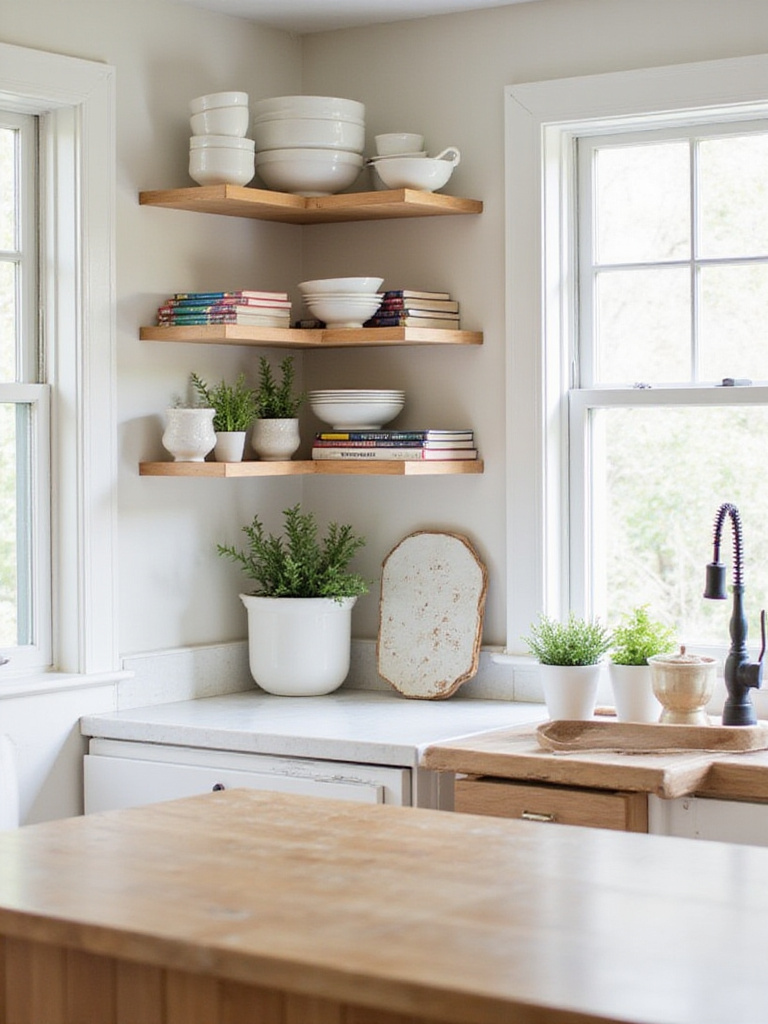 Kitchen island with open shelving displaying dishes, cookbooks, and herbs.