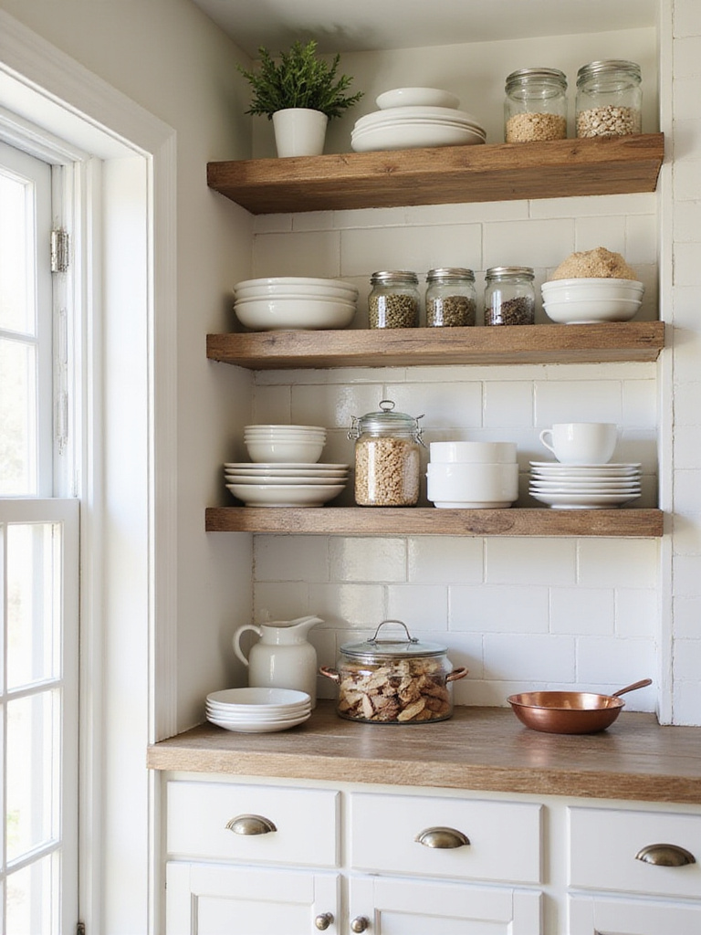 Modern farmhouse kitchen with open shelving showcasing dishes, glassware, and potted herbs.