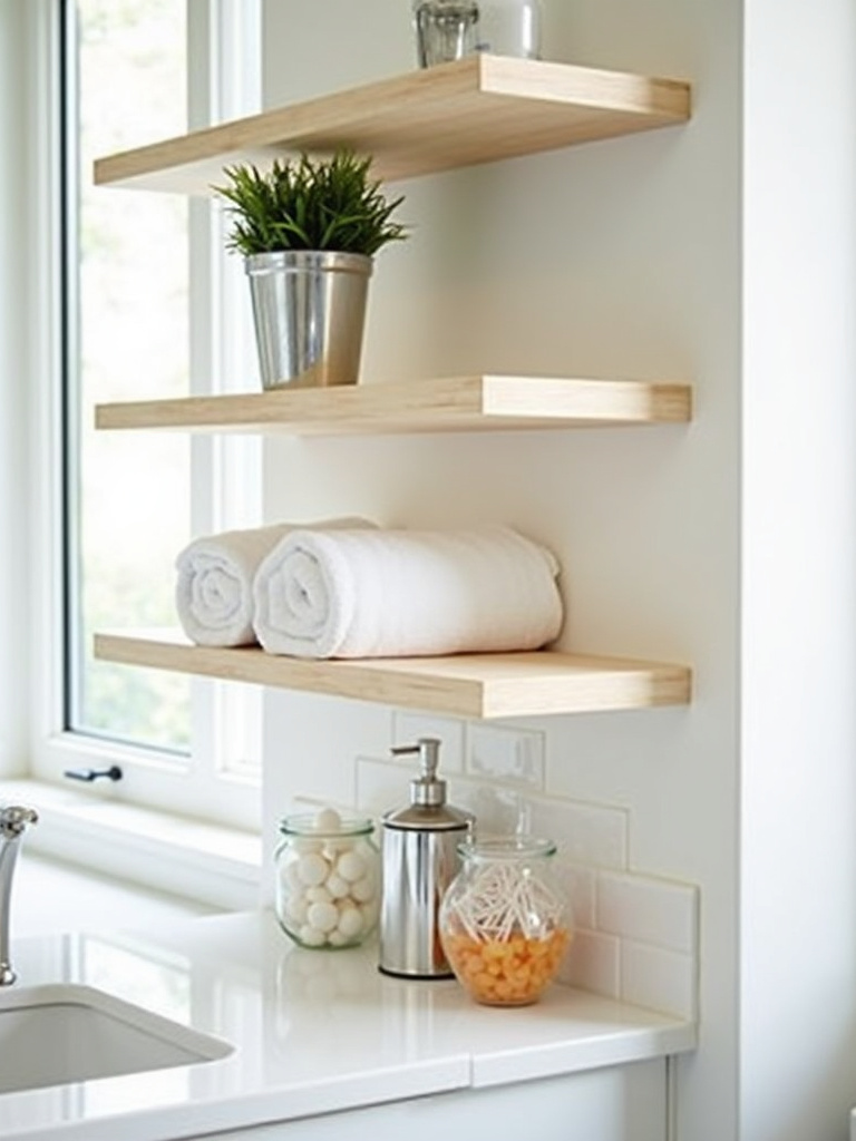 Modern bathroom with open shelving showcasing stylish storage solutions