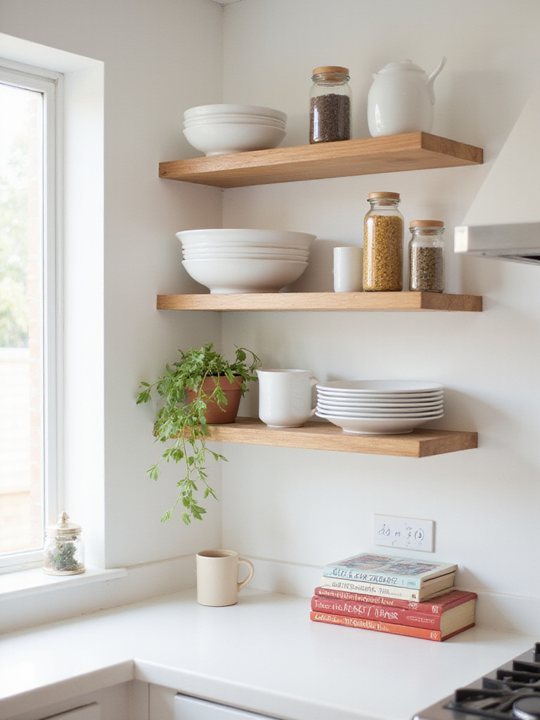 Contemporary kitchen with light wood open shelving displaying white dishes, spice jars, herbs, and cookbooks.