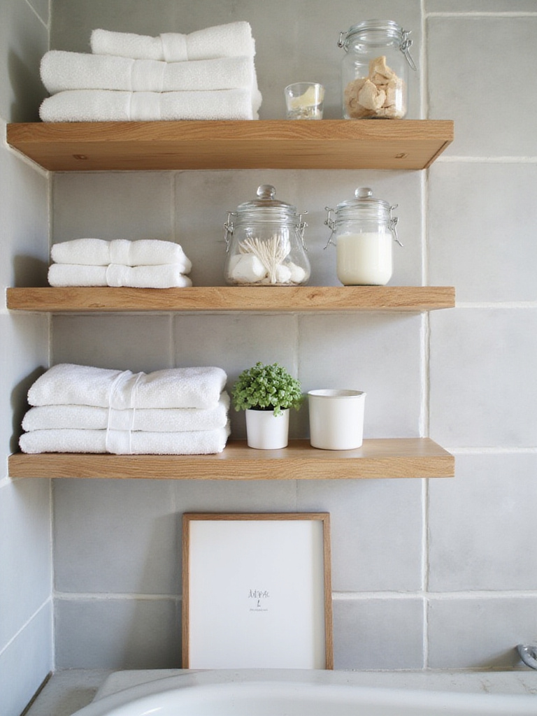 Bathroom open shelving with neatly organized towels, toiletries, and decorative items.