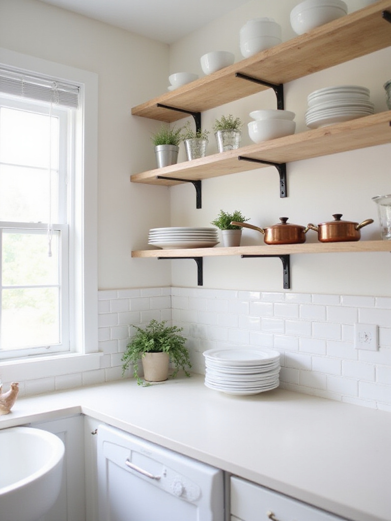 Small kitchen with light wood open shelving displaying curated kitchen items.