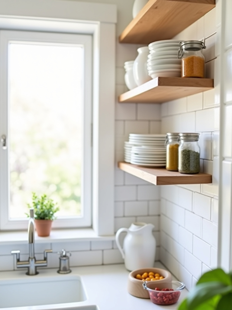 Small kitchen with strategically placed open shelving for maximized space and style.