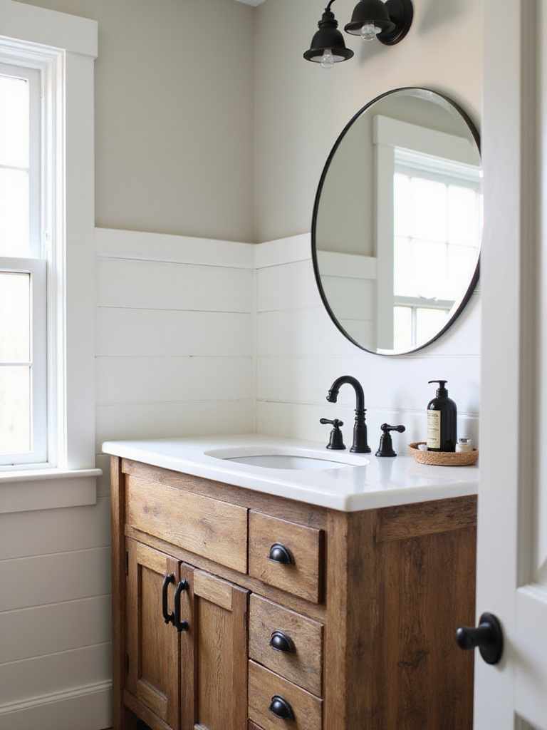 Farmhouse bathroom vanity with black metal hardware