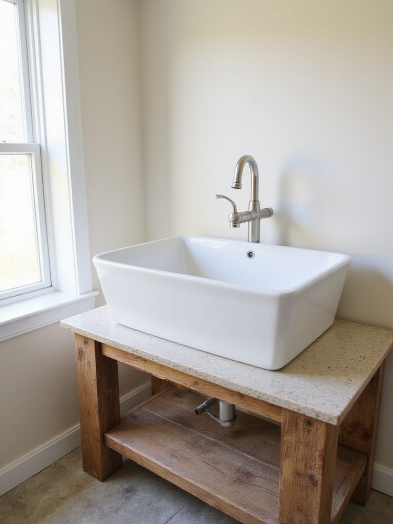 Rustic bathroom featuring a white fireclay farmhouse sink on a reclaimed wood vanity.