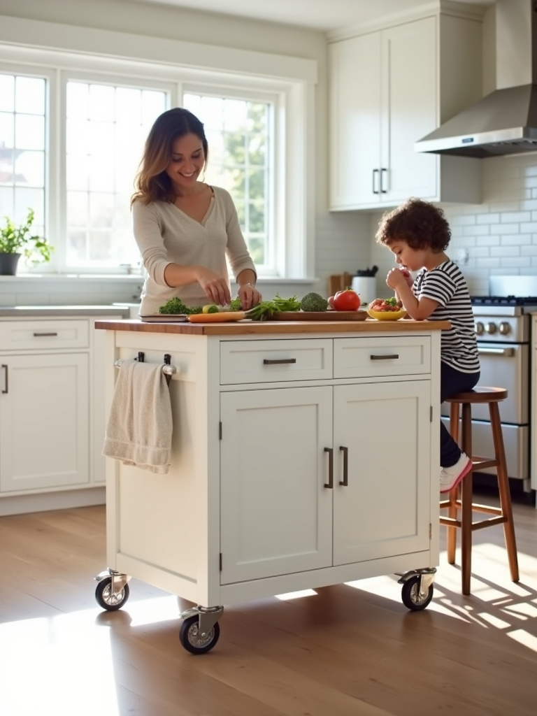 Mobile kitchen island with locking casters for easy movement and reconfiguration.