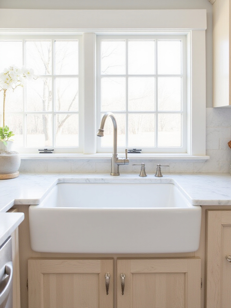 Bright farmhouse kitchen with white fireclay apron-front sink and light wood cabinets