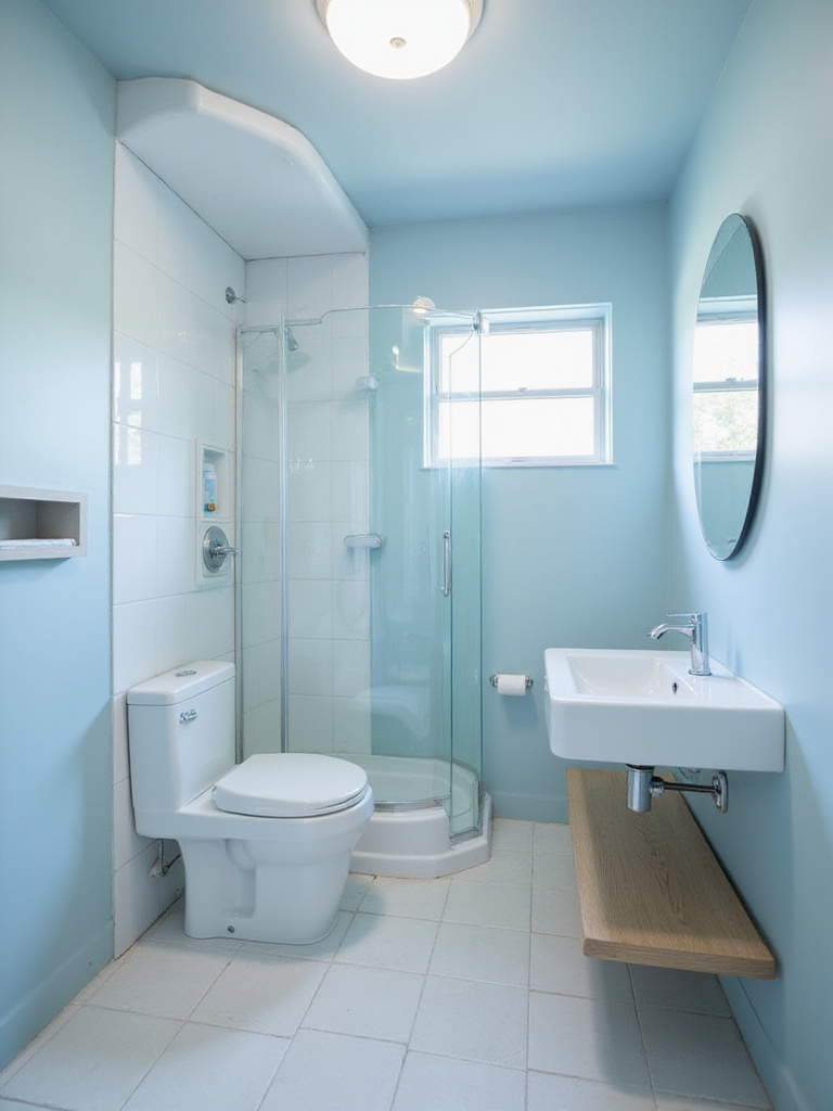 Small bathroom design with space-saving fixtures like wall-mounted toilet and corner sink
