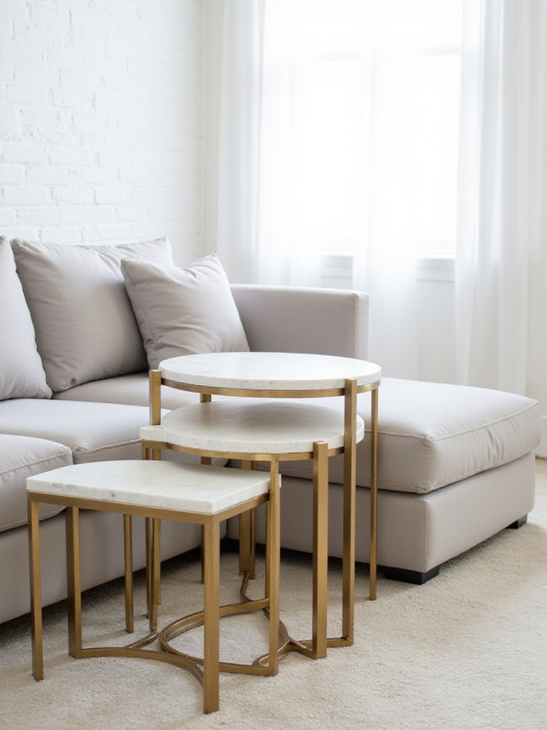 Modern living room featuring space-saving gold and marble nesting side tables next to a gray sectional sofa.