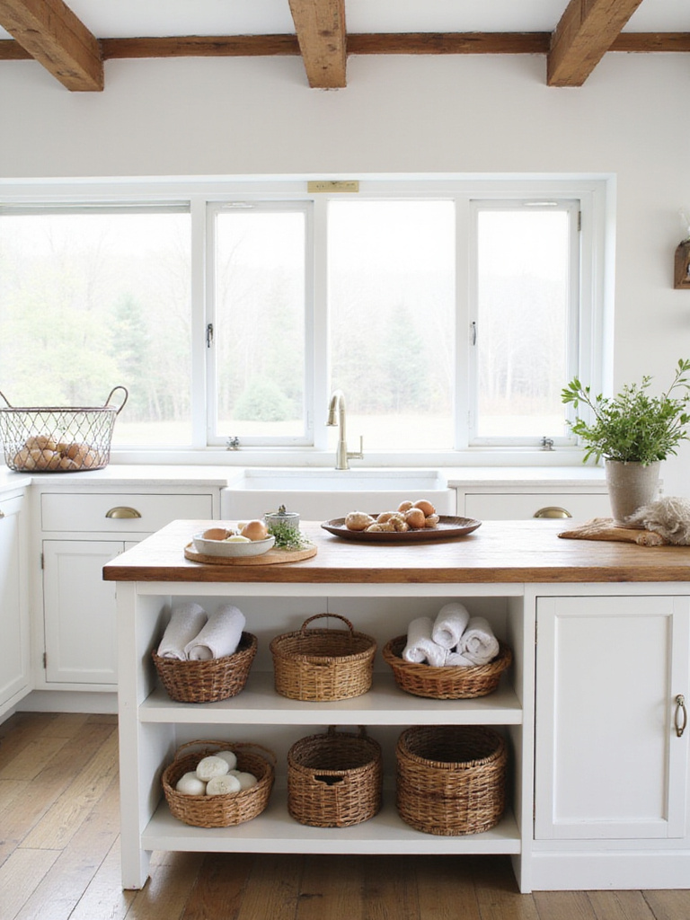 Farmhouse kitchen island with woven baskets and wire basket storage.