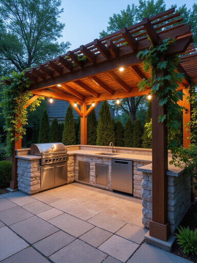 Outdoor kitchen with stainless steel grill and granite countertops under a wooden pergola with climbing vines and string lights.