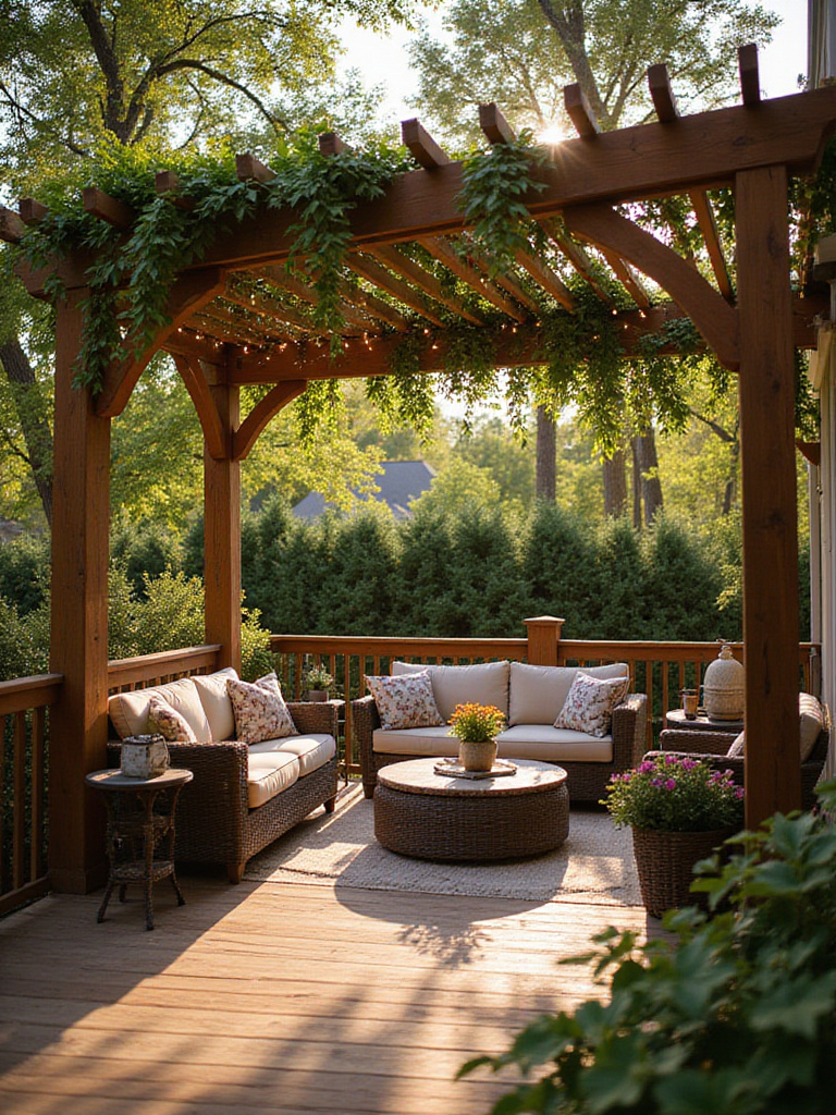 Deck with cedar pergola providing shade and vertical interest, decorated with climbing vines and string lights.