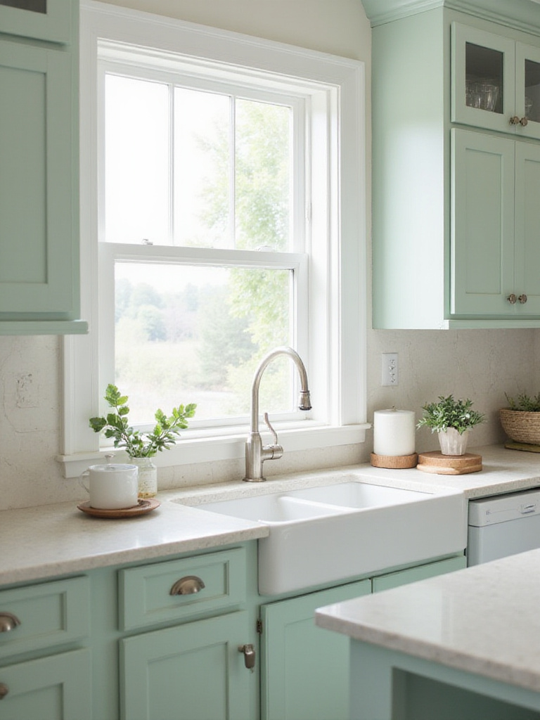 Kitchen with newly painted sage green cabinets and brushed nickel hardware.
