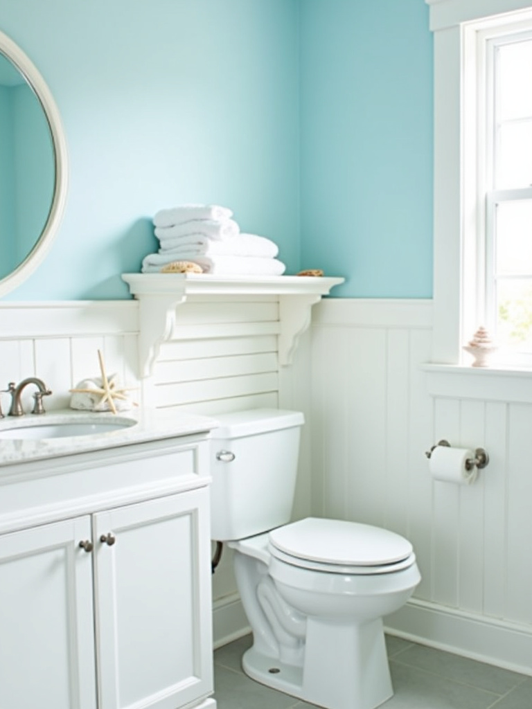 Coastal bathroom design featuring serene blue and white paint colors.