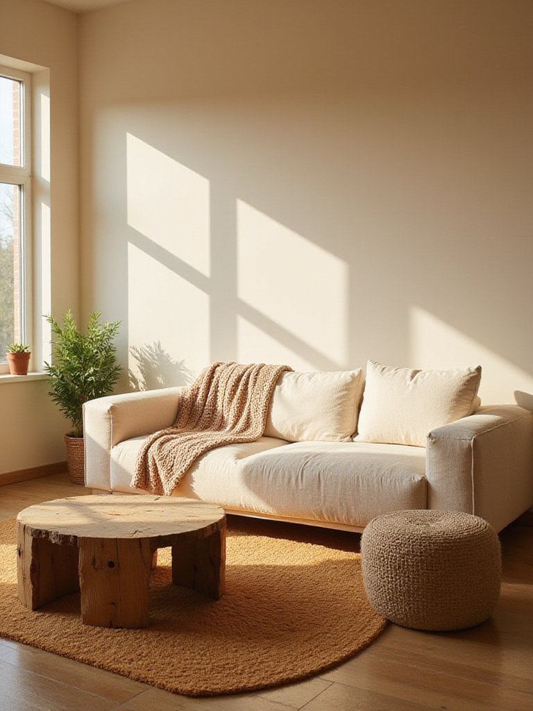 Cozy living room with warm beige walls and soft, diffused sunlight.