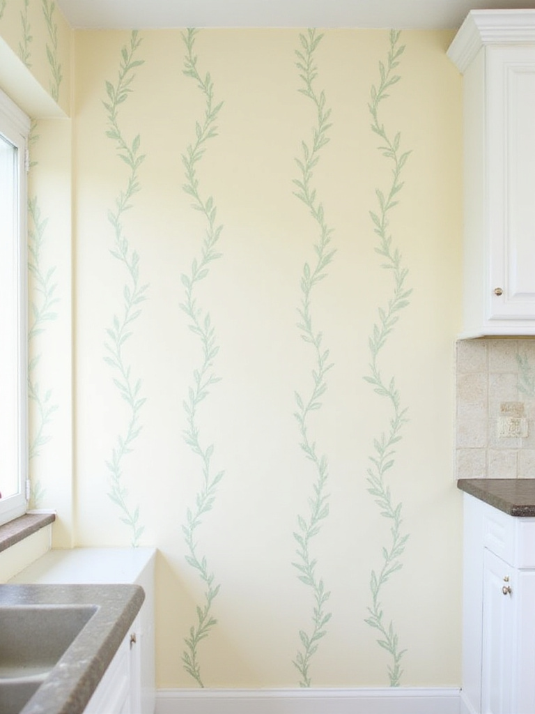 DIY hand-painted leafy vine faux wallpaper in a bright kitchen