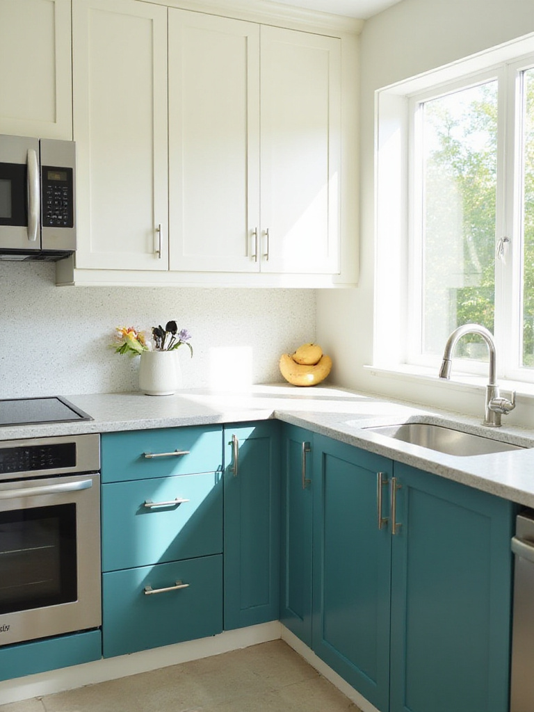 Modern kitchen with teal and cream painted cabinets.
