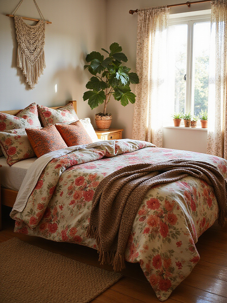 Boho bedroom with mix-and-match patterned bedding and macrame wall hanging