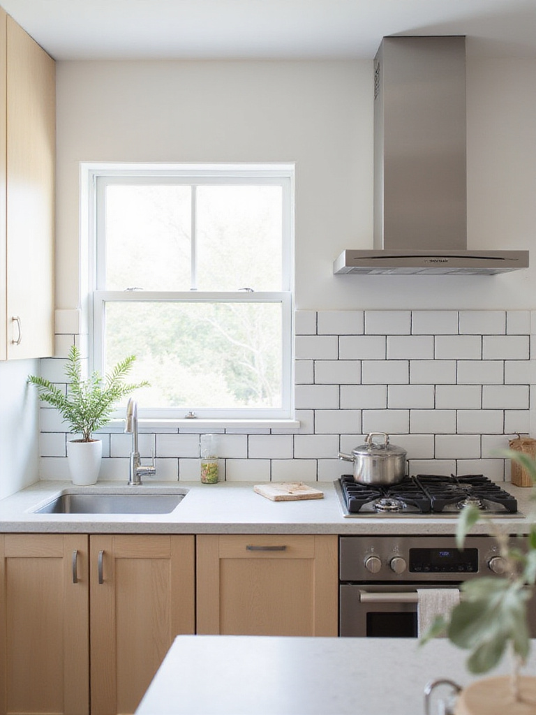 Affordable peel and stick subway tile backsplash in a modern kitchen.