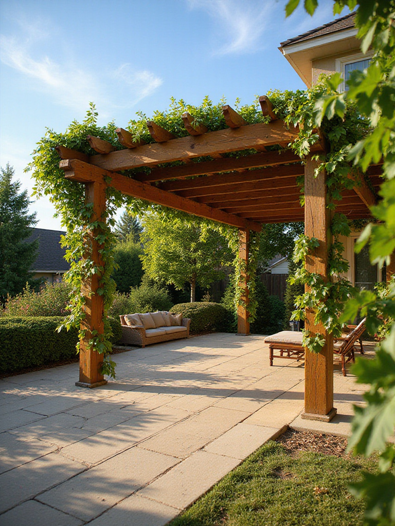 Well-maintained wooden pergola in a lush backyard garden.