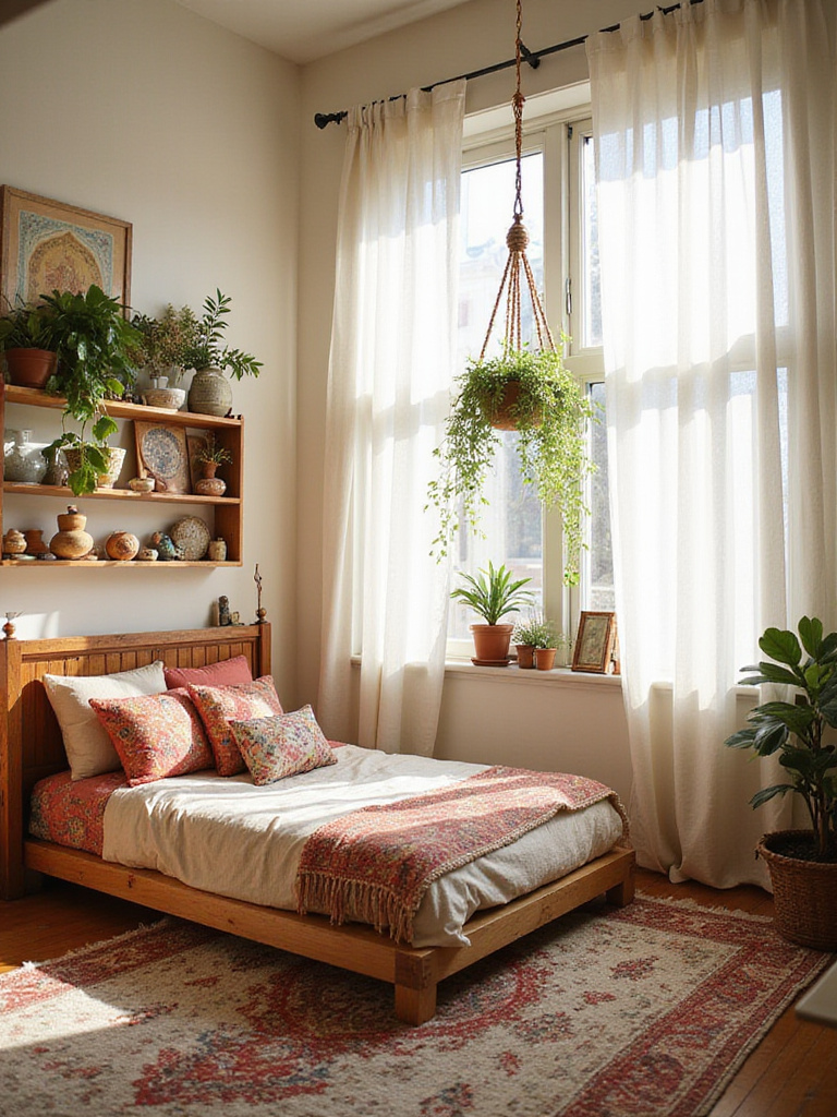Boho bedroom featuring a curated collection of travel souvenirs and personal trinkets displayed on a vintage shelving unit.