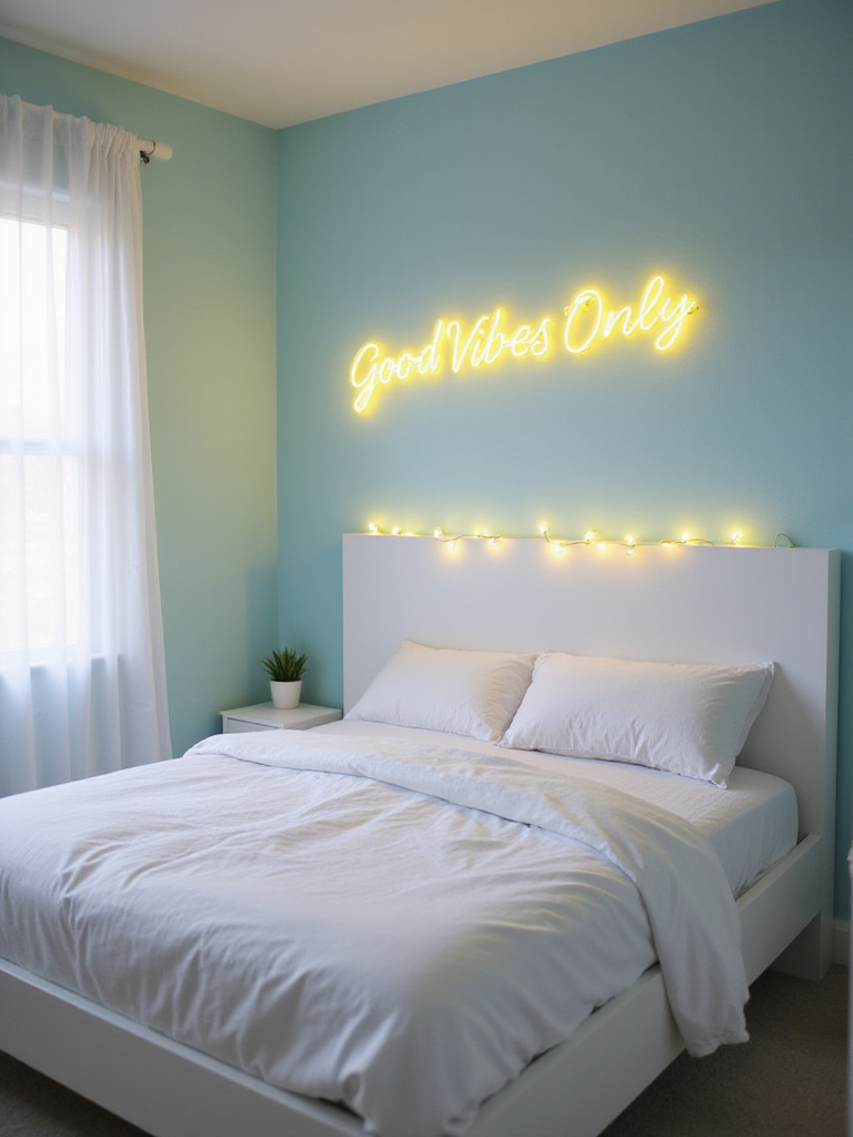 Teen bedroom with a yellow 'Good Vibes Only' neon sign above the bed