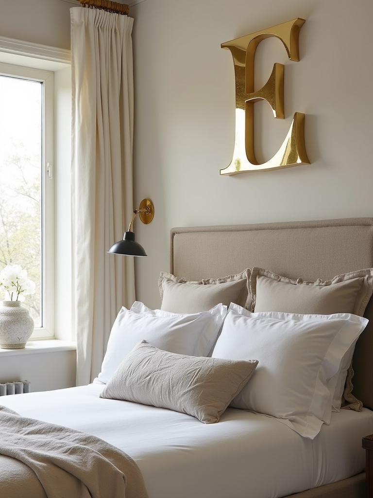 Bedroom wall decor featuring a gold monogram letter above the bed