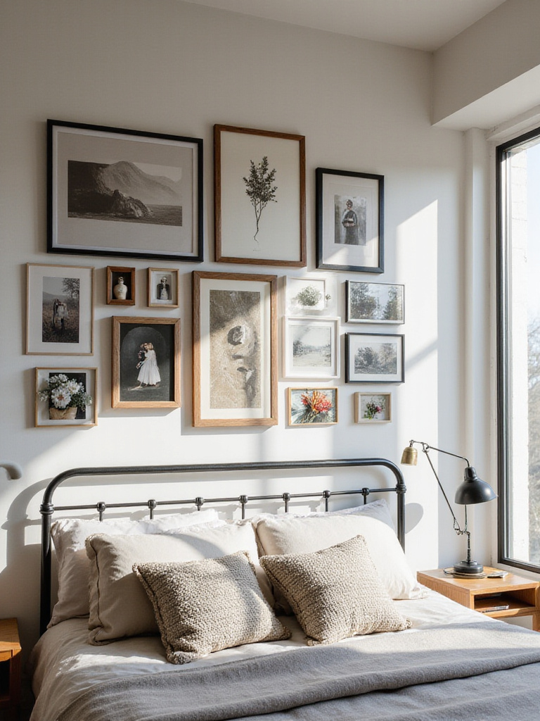 Bedroom with a personalized gallery wall featuring framed photos and art above the bed.
