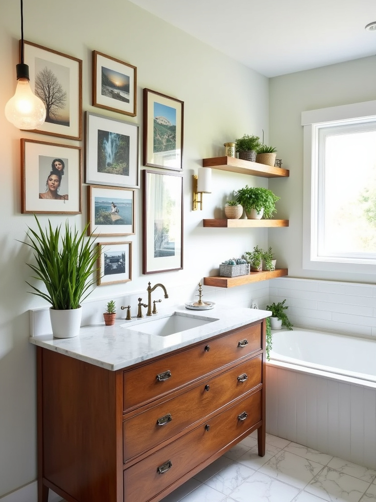 Personalized bathroom design with vintage vanity, gallery wall, and lush greenery.