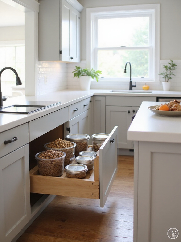 Kitchen island with a pull-out pet food pantry, showcasing organized storage for dog and cat food and bowls