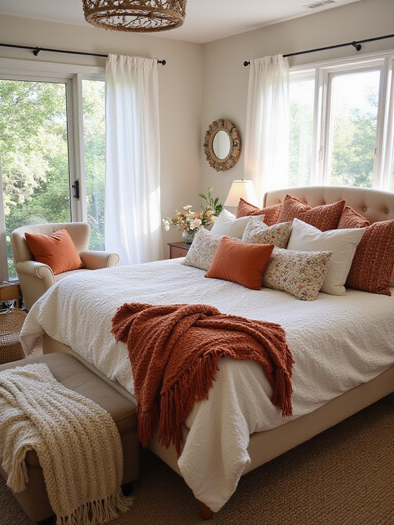 Boho bedroom with layered throw pillows and blankets for texture
