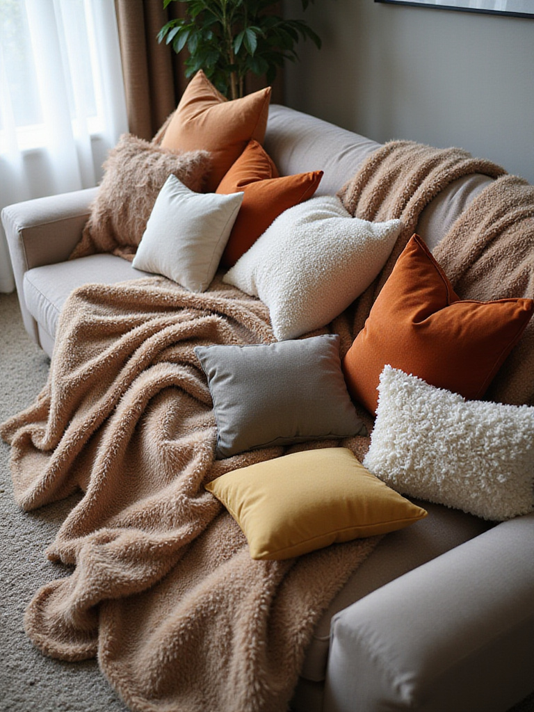 Cozy living room sofa piled high with plush throw pillows in various textures and colors.