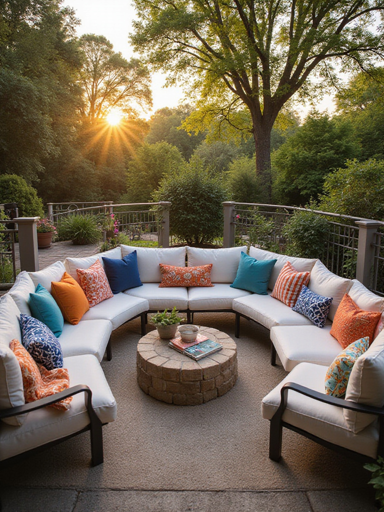 Outdoor deck decorated with colorful throw pillows on comfortable furniture.
