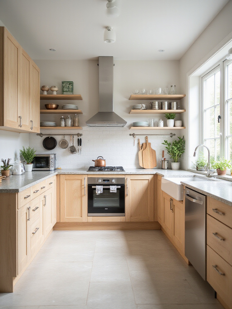 Organized kitchen cabinets with dedicated zones for prepping, cooking, and cleaning.