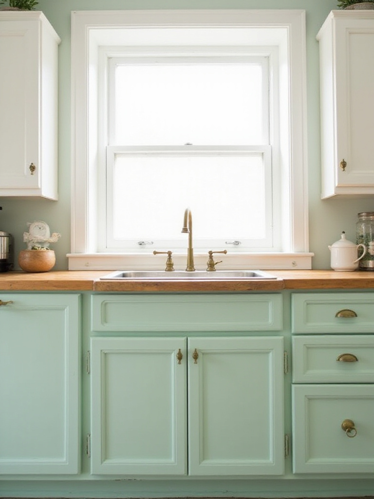 Light mint green kitchen cabinets with butcher block countertops and brass faucet in a bright, airy kitchen.