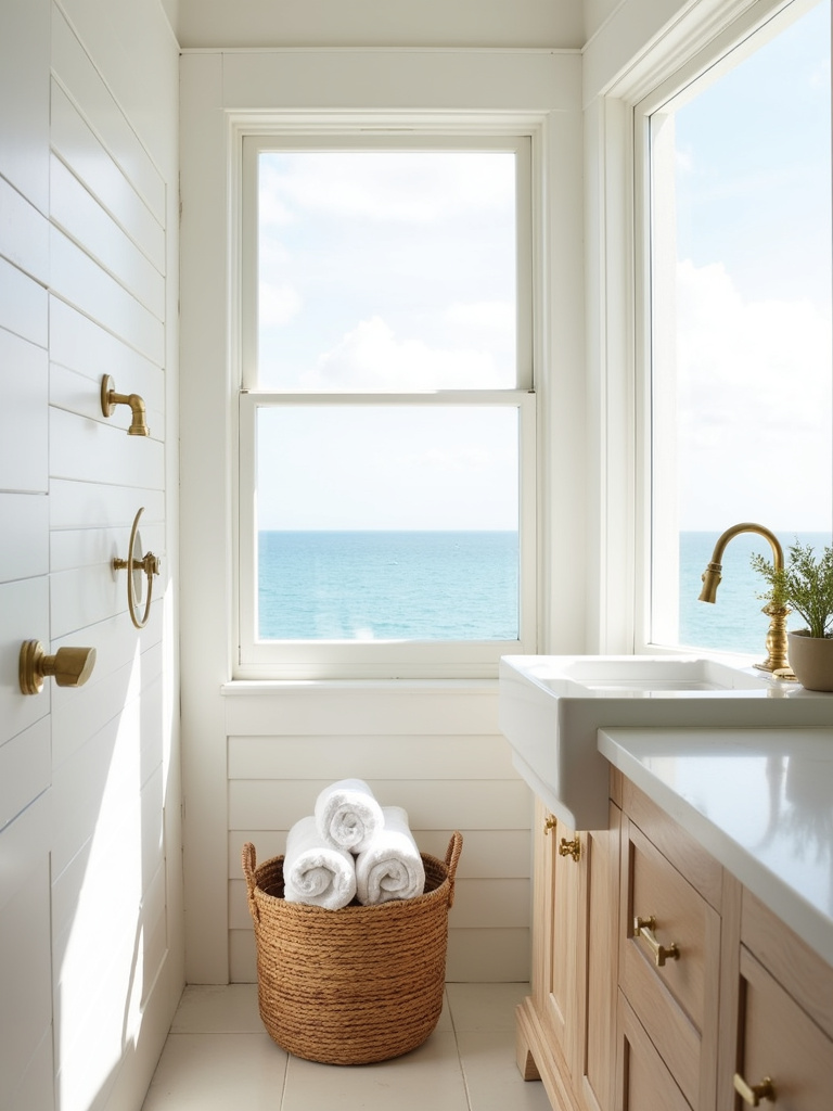 Coastal bathroom with polished brass fixtures, white shiplap, and light wood vanity.