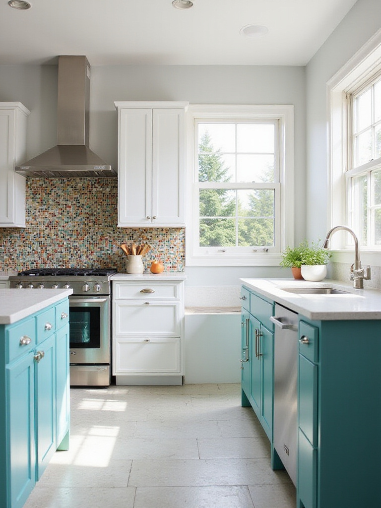 Modern kitchen with white cabinets and a vibrant teal island providing a pop of color.