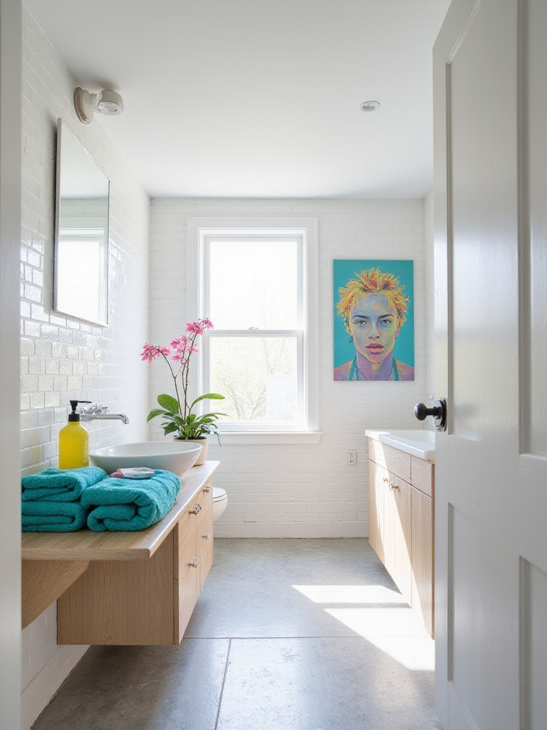 Bright bathroom with white tile and pops of turquoise, yellow, and pink accessories.