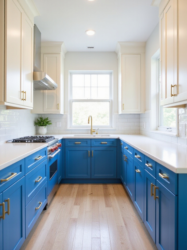 Modern kitchen with vibrant cobalt blue lower cabinets and light cream upper cabinets.