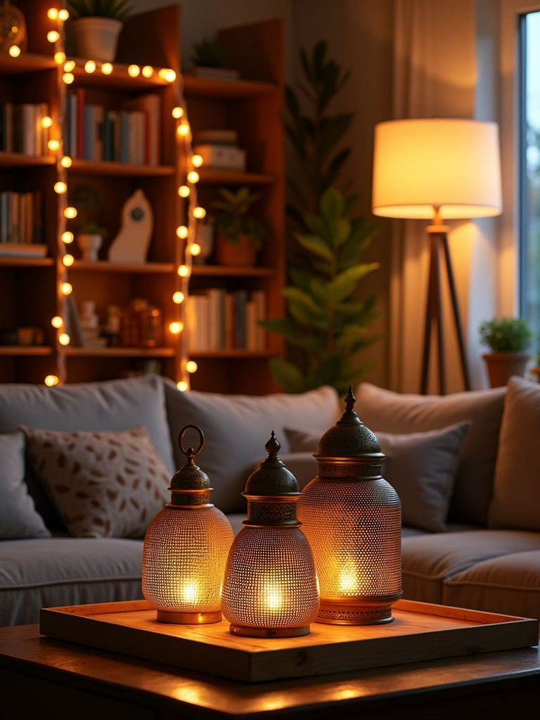 Living room illuminated with string lights and lanterns, creating a warm and inviting atmosphere.