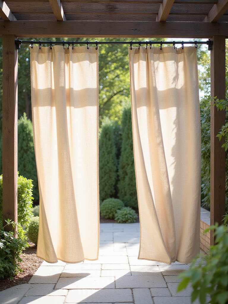 Patio pergola with beige linen curtains providing shade and privacy.