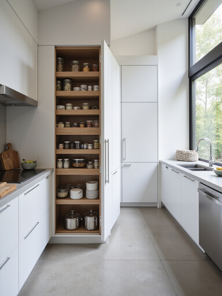 Contemporary kitchen with a pull-out pantry system for organized storage.