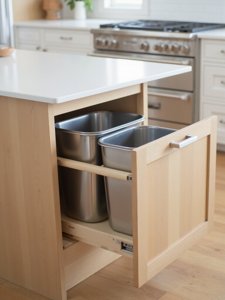 Kitchen island with pull-out trash and recycling bins