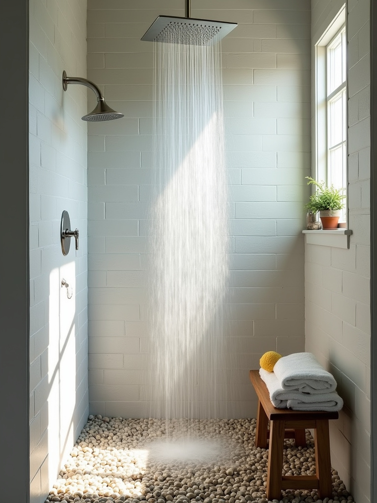 Coastal bathroom with rain shower and pebble floor