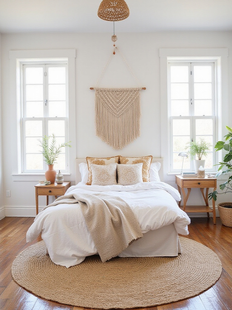 Boho bedroom featuring a large jute rug under a queen bed.