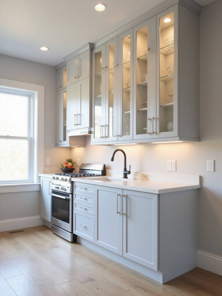 Small kitchen with light gray floor-to-ceiling cabinets maximizing vertical storage space.