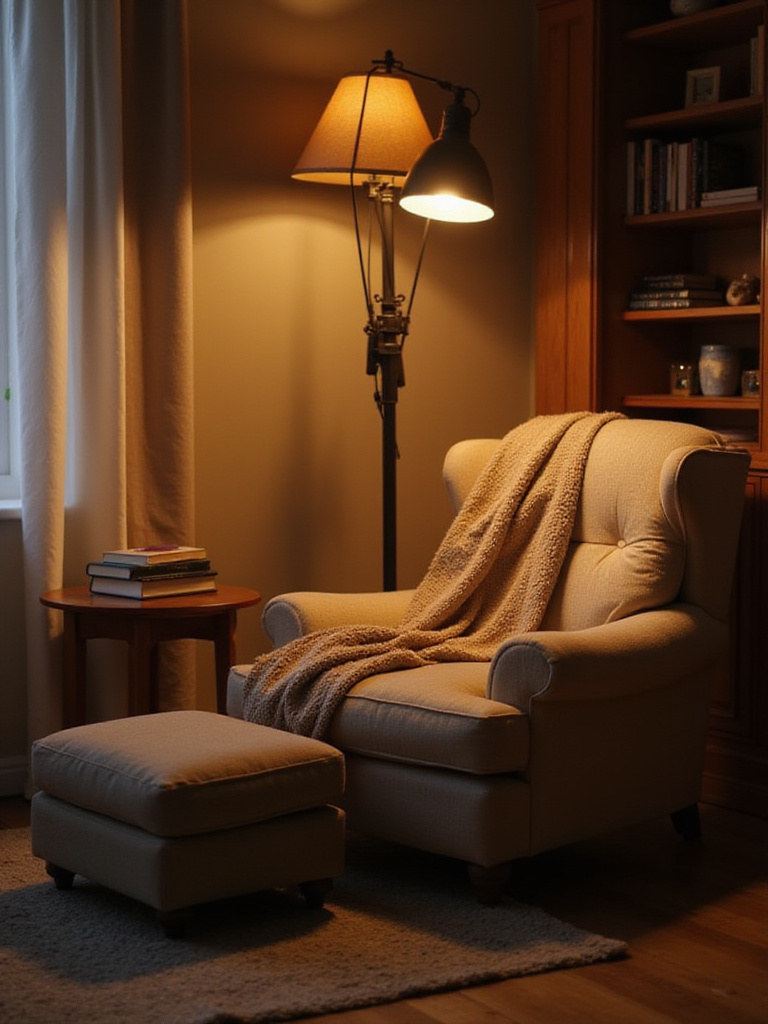 Cozy reading nook with armchair, side table, and lamp in a living room corner