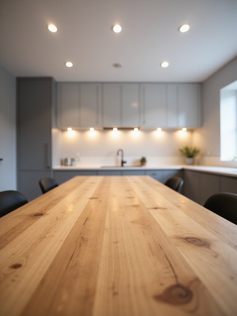 Modern kitchen with recessed lighting providing ambient light over a wooden dining table.