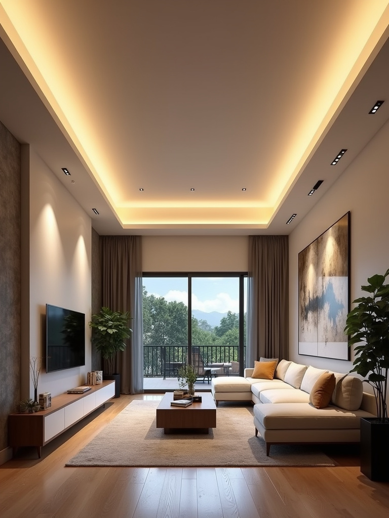Modern living room with clean, ambient recessed lighting providing general illumination.